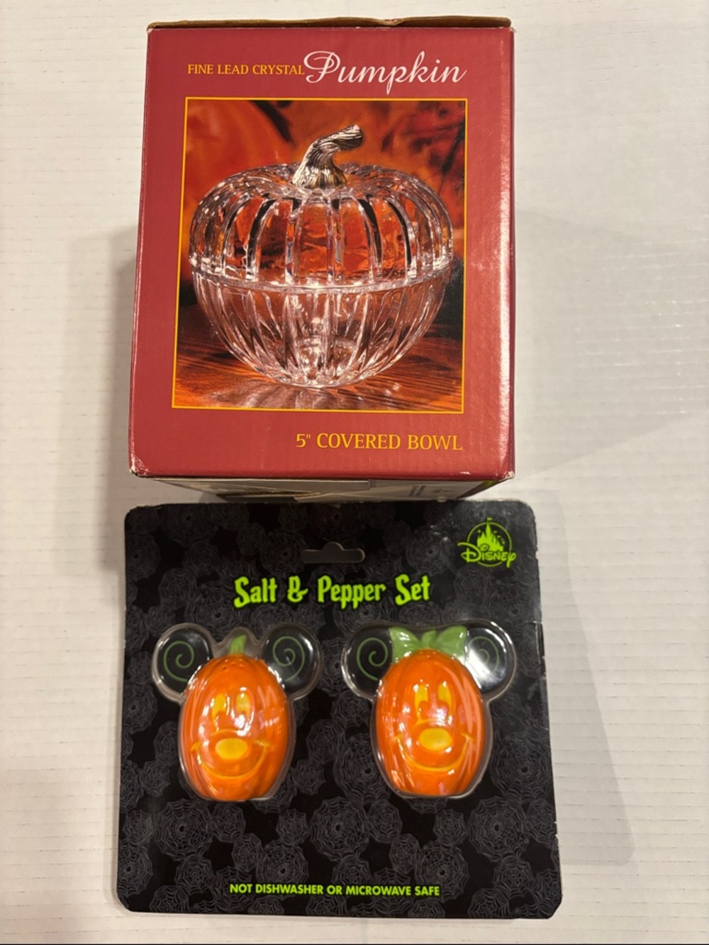 Halloween Duo: Disney Salt & Pepper Shakers and St George Crystal Pumpkin Bowl